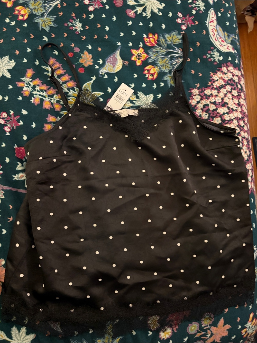 LOFT Black Polka Dot Lace Trim Cami Top